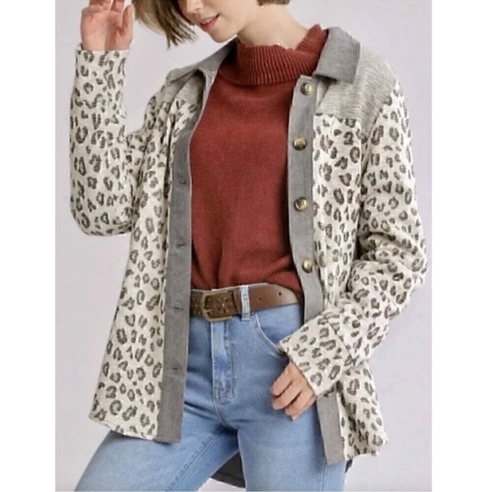 UMGEE Cream Ivory Gray Colorblock Leopard Animal‎ Oversized Shacket Shirt Jacket
